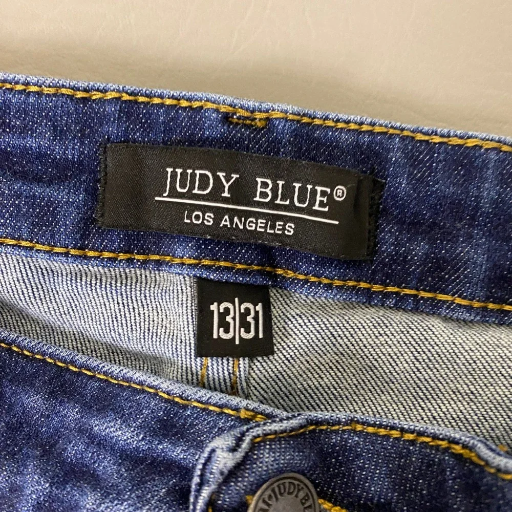 Judy Blue Slim Bootcut Jeans Women's Size 13/31 Blue Dark Wash Distressed